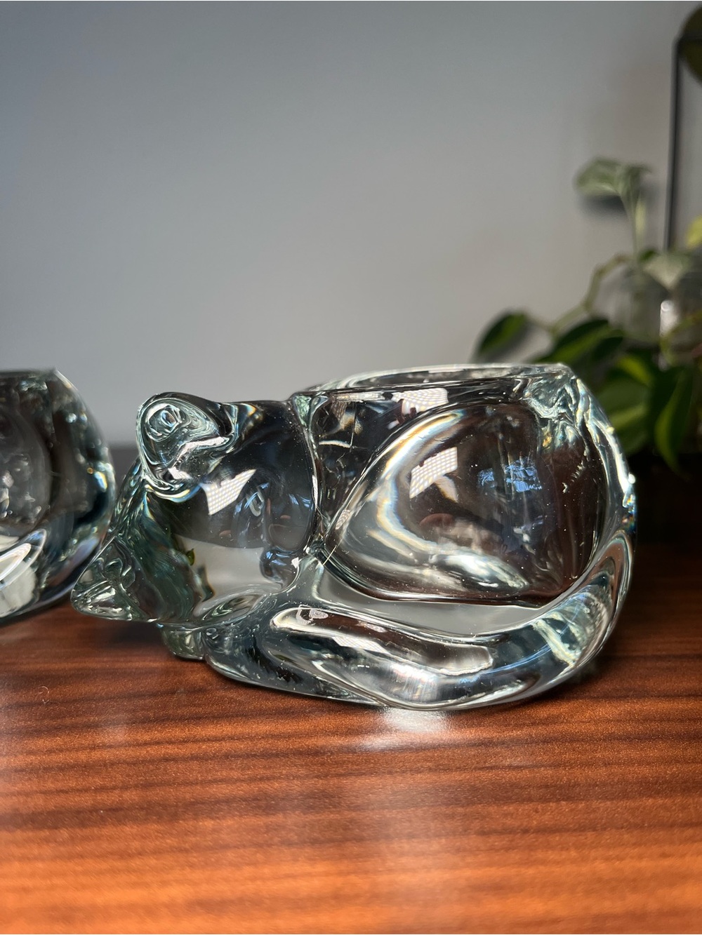 Set of 2 Indiana Glass Crystal candle holder MCM molded glass sleeping cat